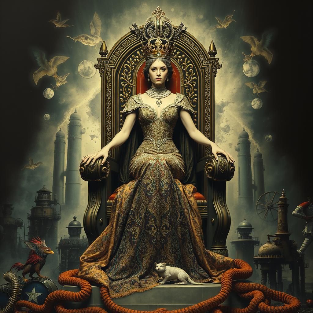 Dystopian Art Deco Queen on Industrial Throne