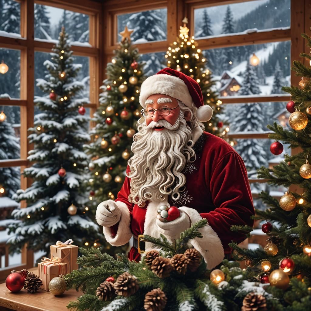 Festive Christmas Scene with Santa in Snowy Mountains