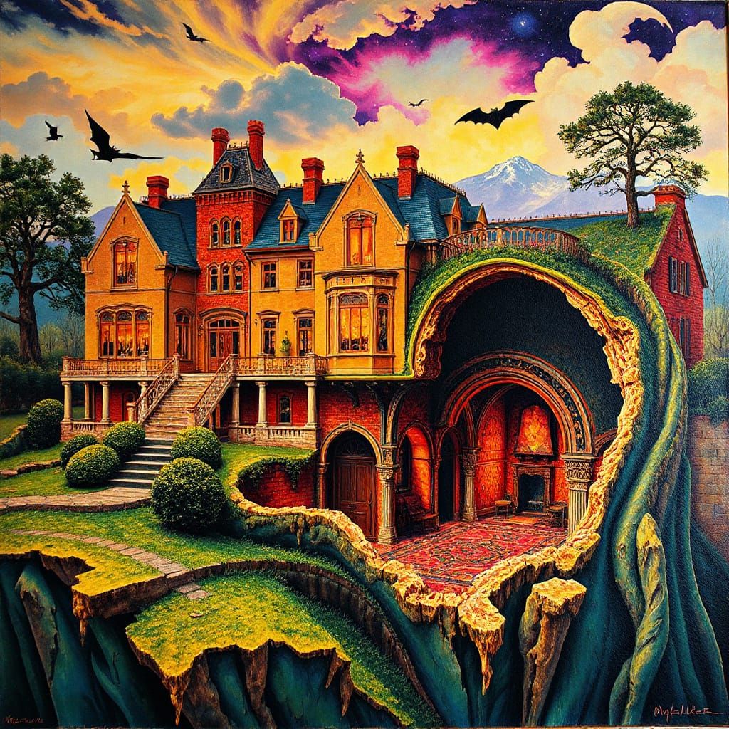 Vaporwave Wayne Manor: High-Tech Bat Cave in 3D Art