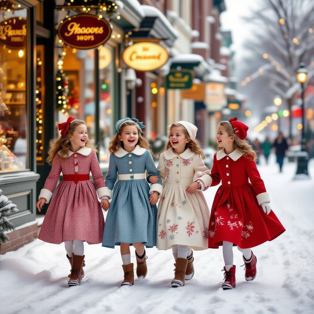 1950s Girls Laughing on Nostalgic Christmas Street