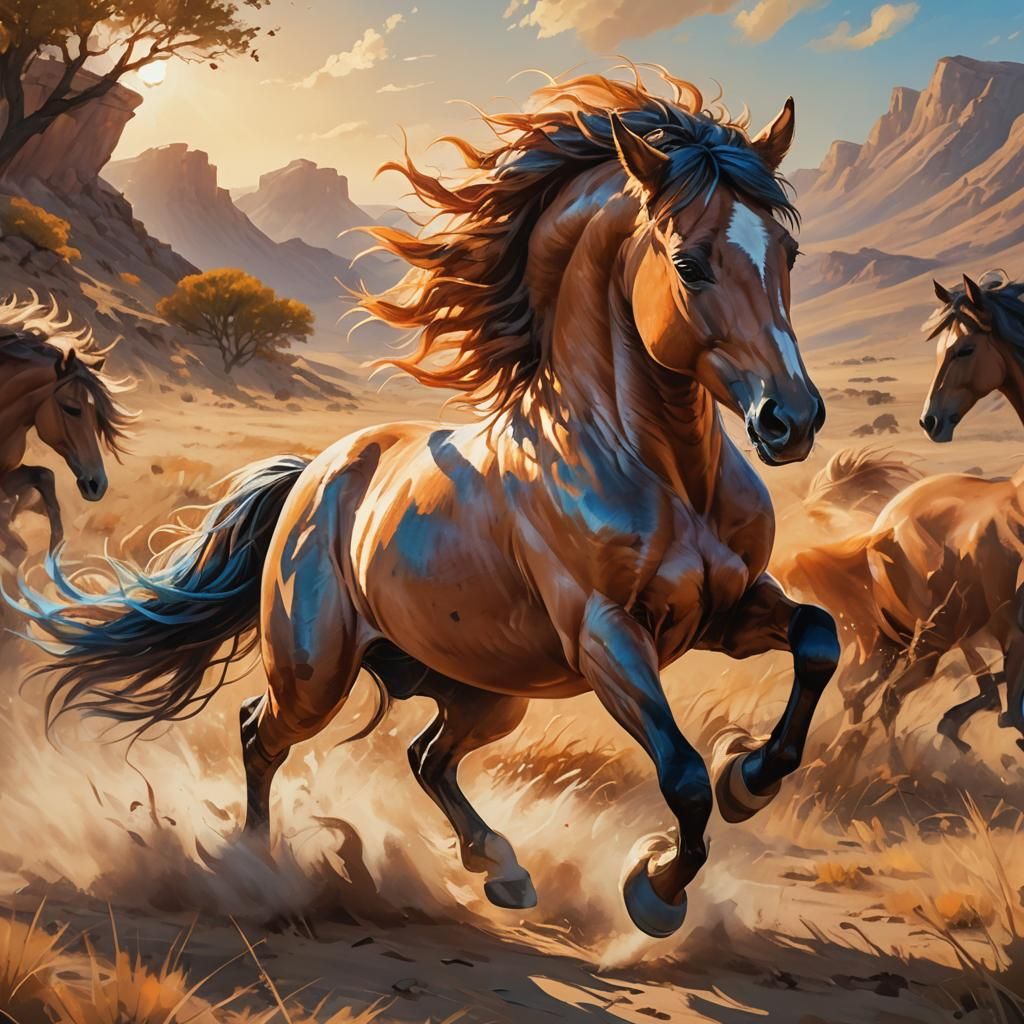 Golden Foal Galloping on Plains, Oil Painting