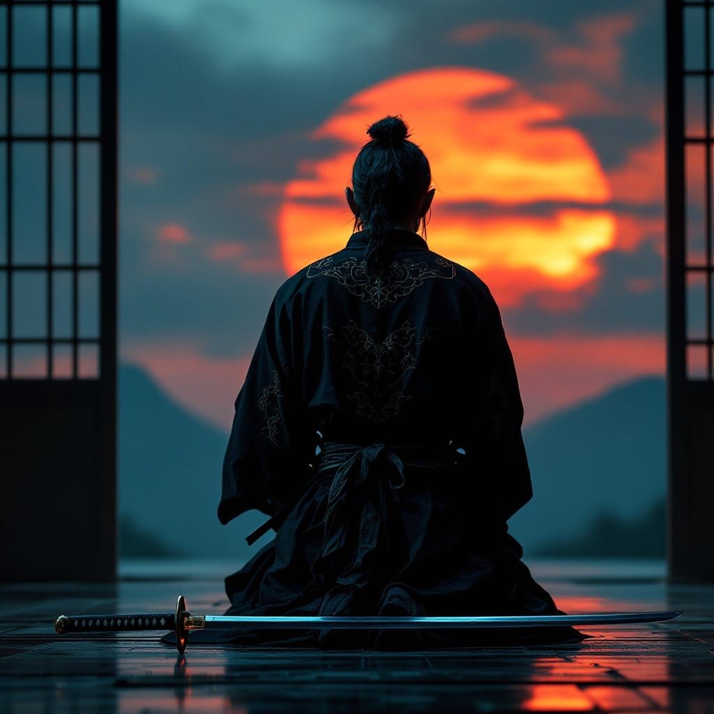 Samurai Kneeling in Dojo with Katana, Hyperrealistic 8k