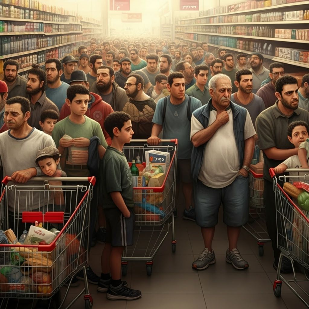 Realistic Digital Painting of Israeli Men in Supermarket Que...