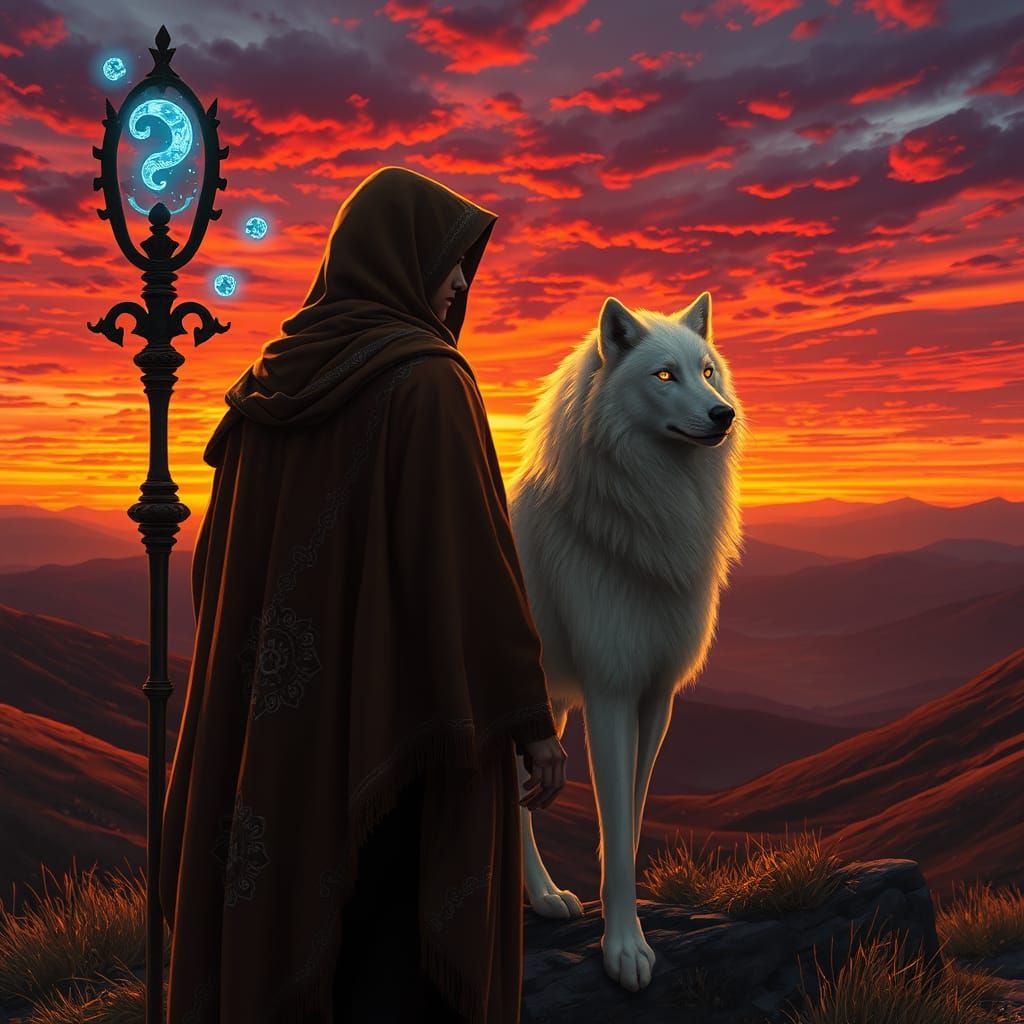 Mysterious Traveler and Majestic White Wolf in Sunset Silhou...