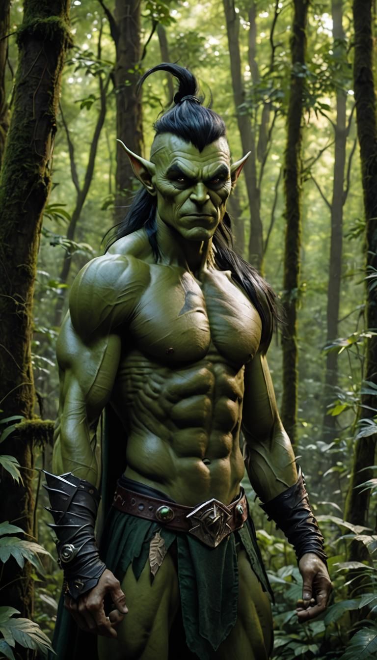 Handsome Green Goblin Man in Lush Forest