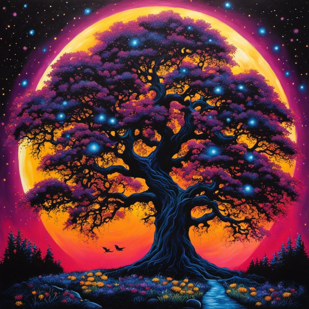 Blacklight Oak Tree Painting Under Starry Night