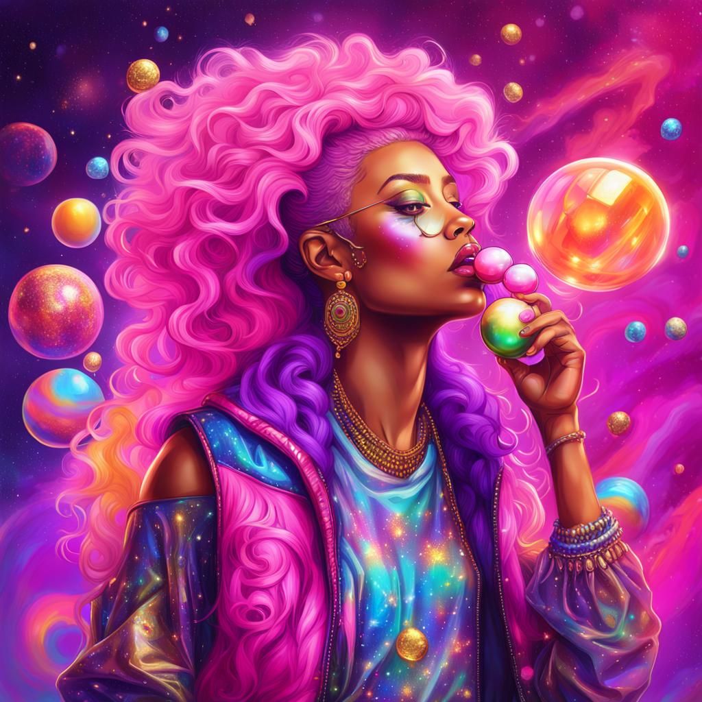 Sassy Girl Blowing Bubblegum in Cosmic Illustration