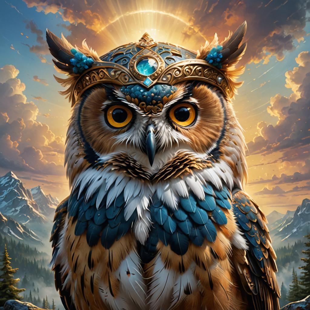Great horned owl in a Viking helmet