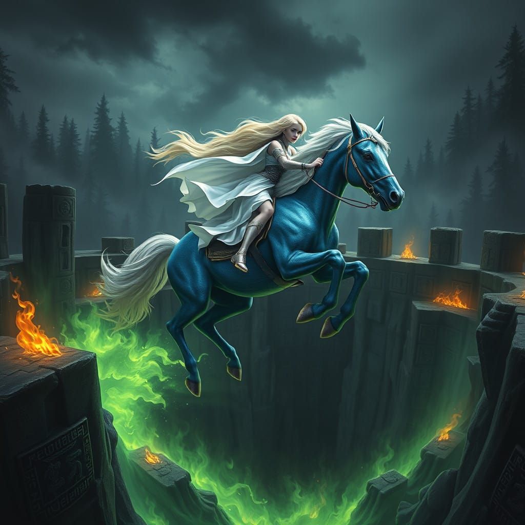 Majestic Blonde Rider Leaps Through Lava Pit in Fantasy Conc...