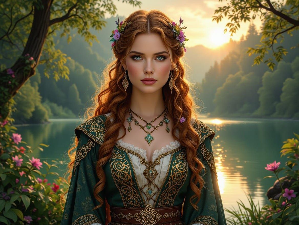 Hyperrealistic Norse Celtic Woman in Lush Forest Landscape