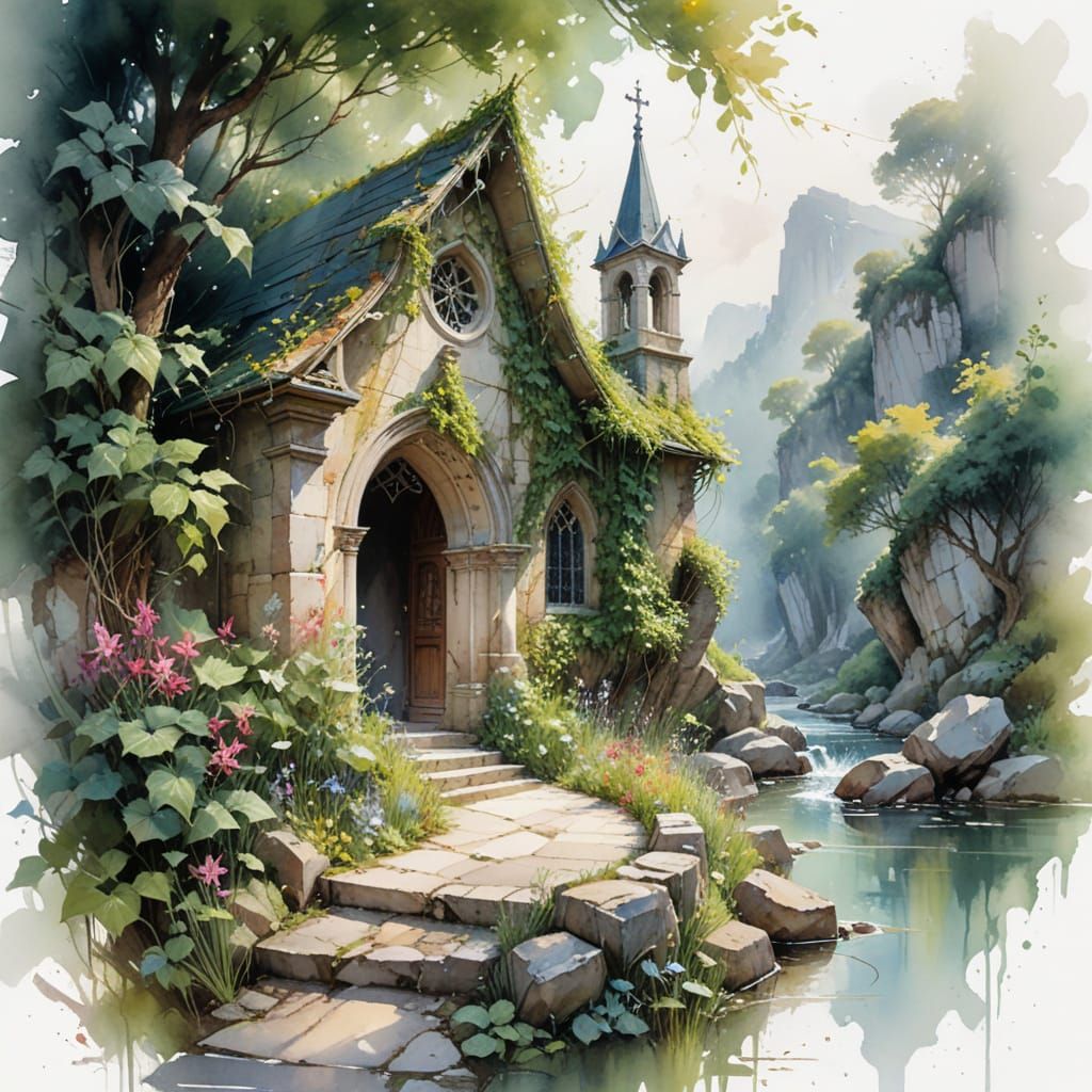 Enchanted Stone Chapel in Floral Valley: Watercolour Art