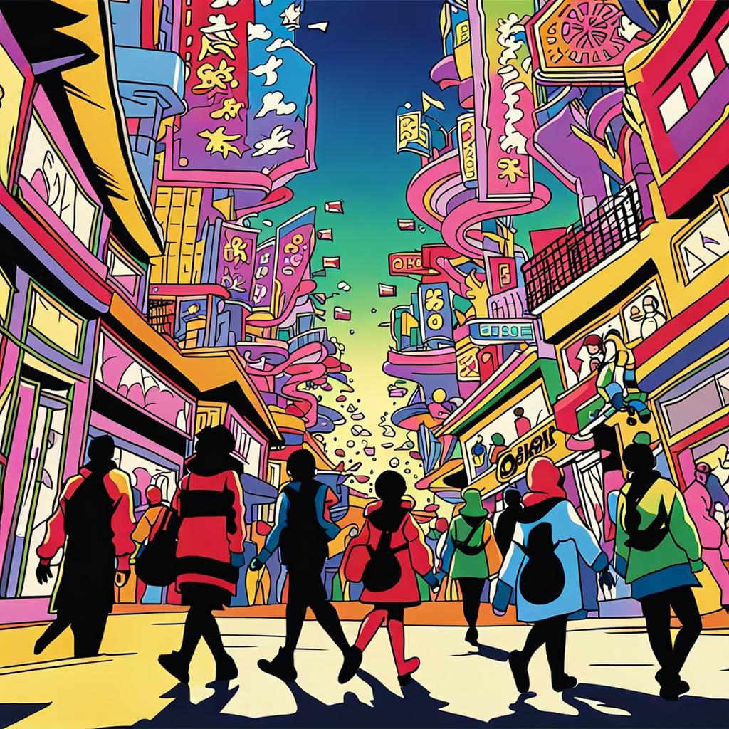 Anime Friends Shopping in Bustling Mall