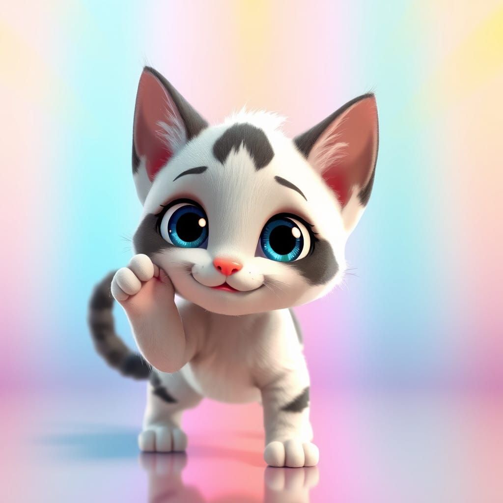 Whimsical White Kitten in Vibrant Storybook Setting