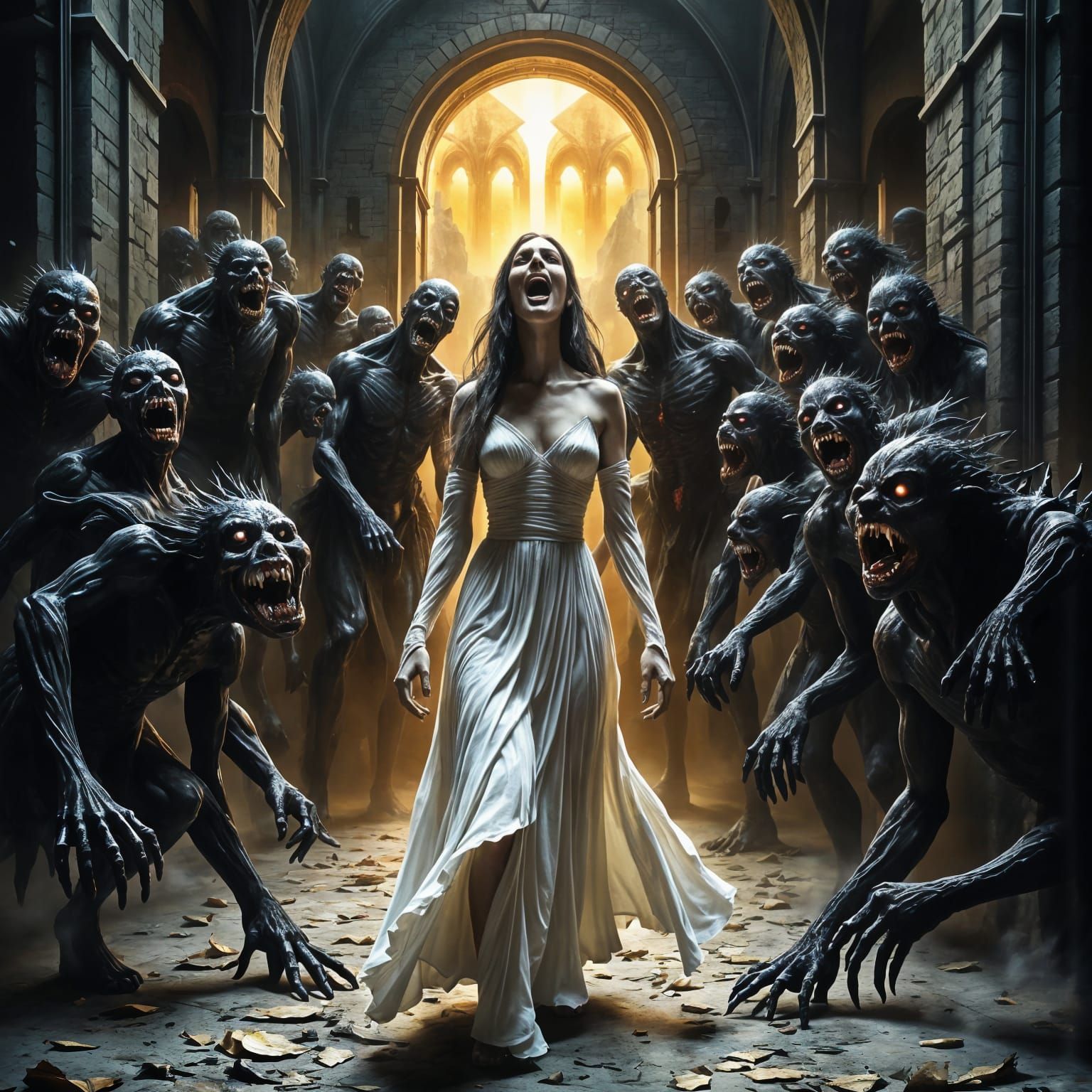 Tormented Woman Surrounded by Demonic Horde in a Churchyard