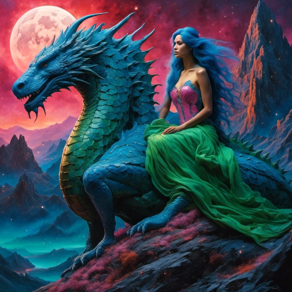 Goddess Riding Dragon at Dawn in Fantasy Style