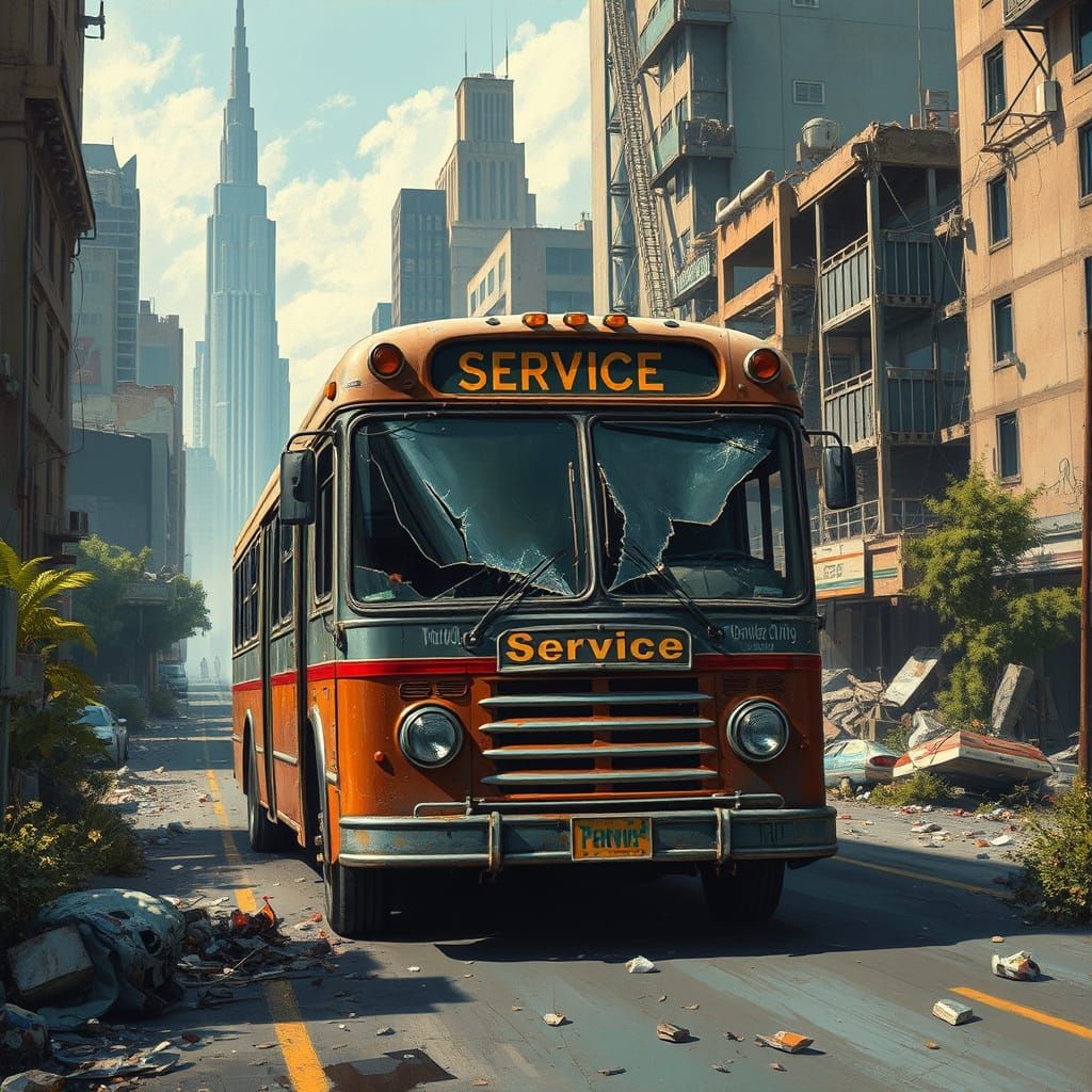 Post-Apocalyptic Bus Journey in Gritty Oil Painting Style