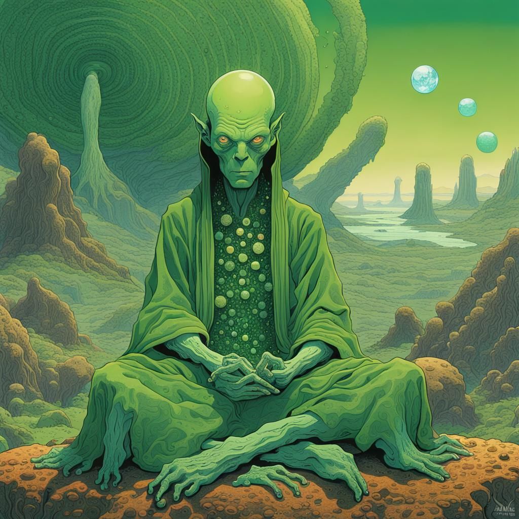 Green Alien Sorcerer Meditating in Mystical Landscape