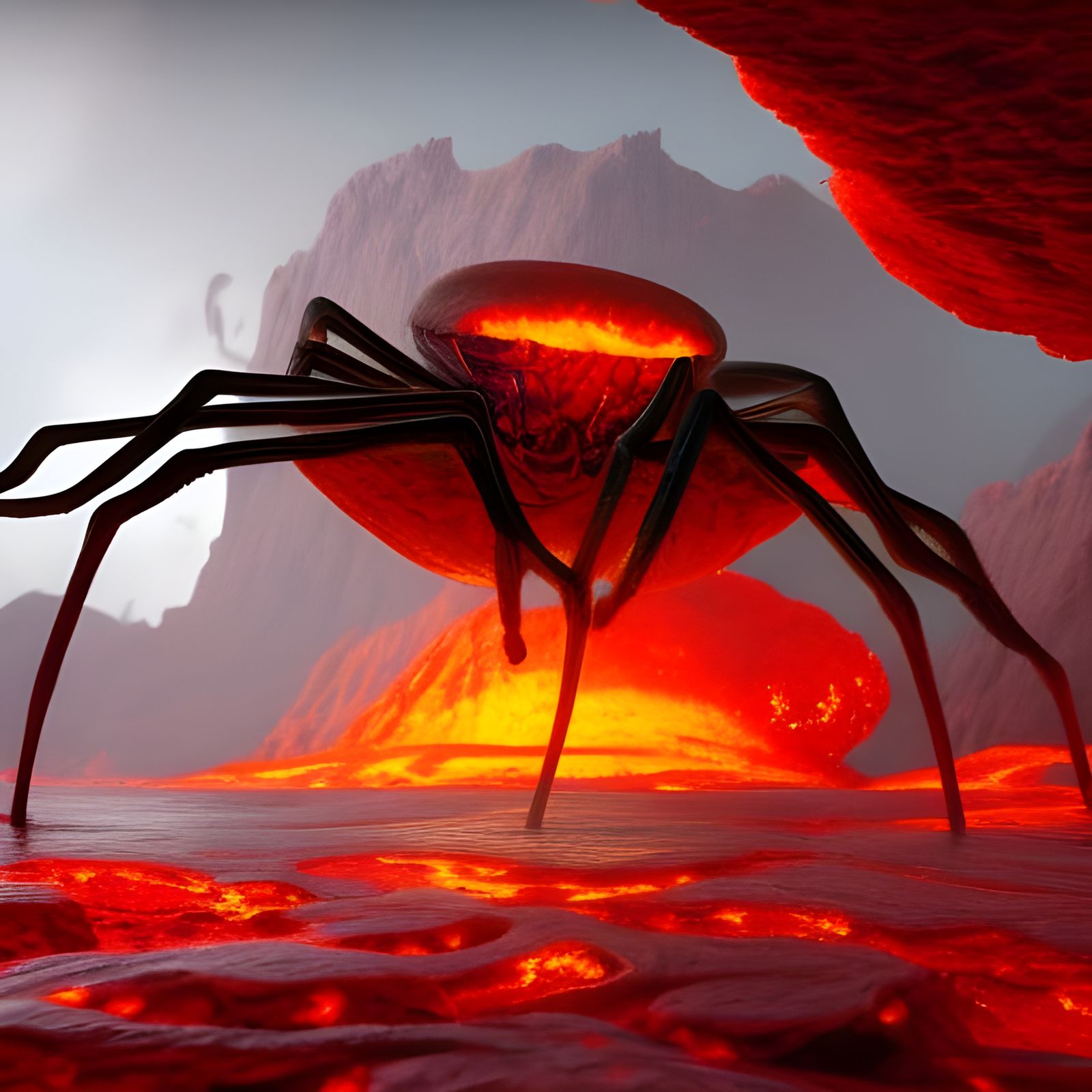 Giant Spider Swimming in Lava: Detailed Fantasy Art
