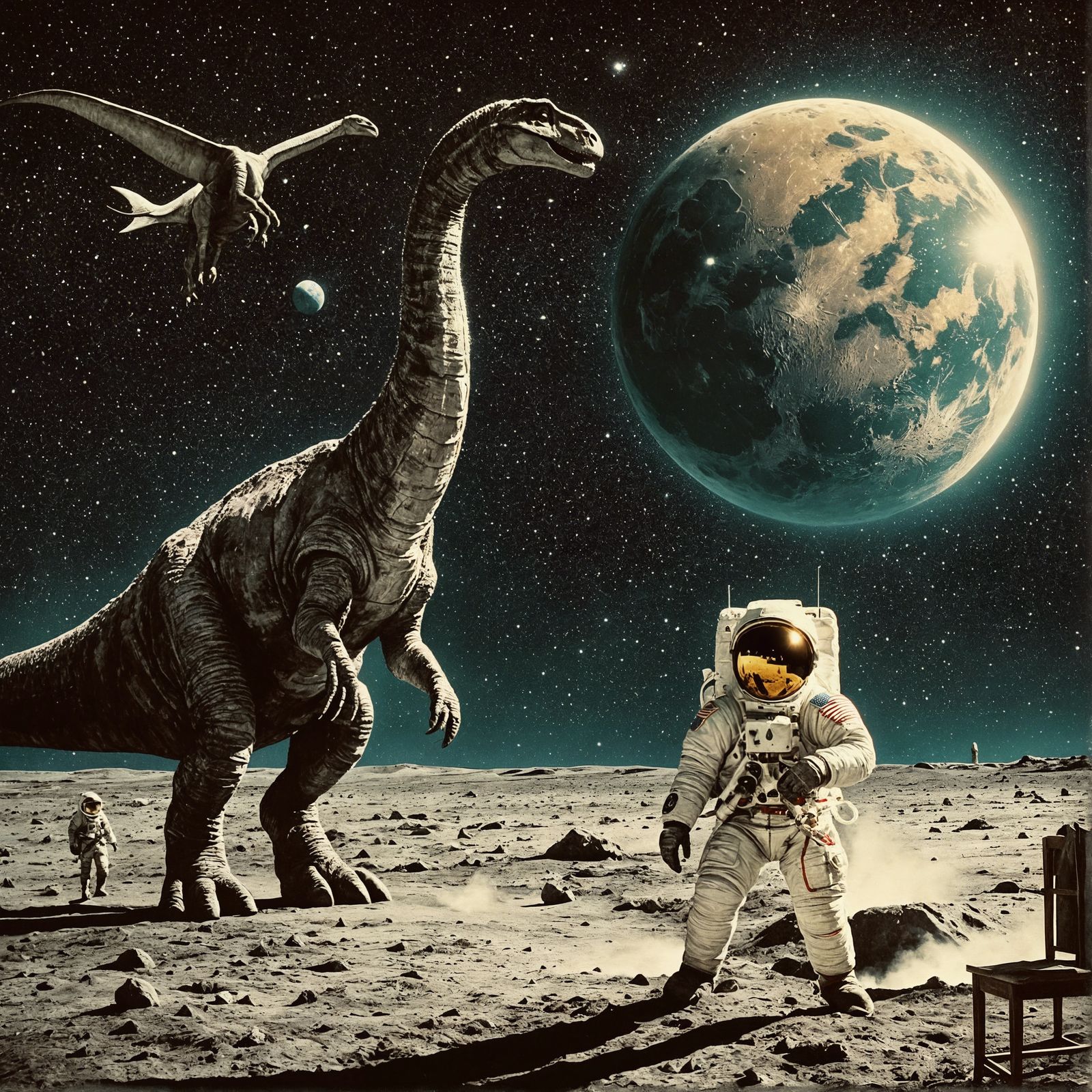 Astronaut and Brachiosaurus on the Moon: Vintage Illustratio...
