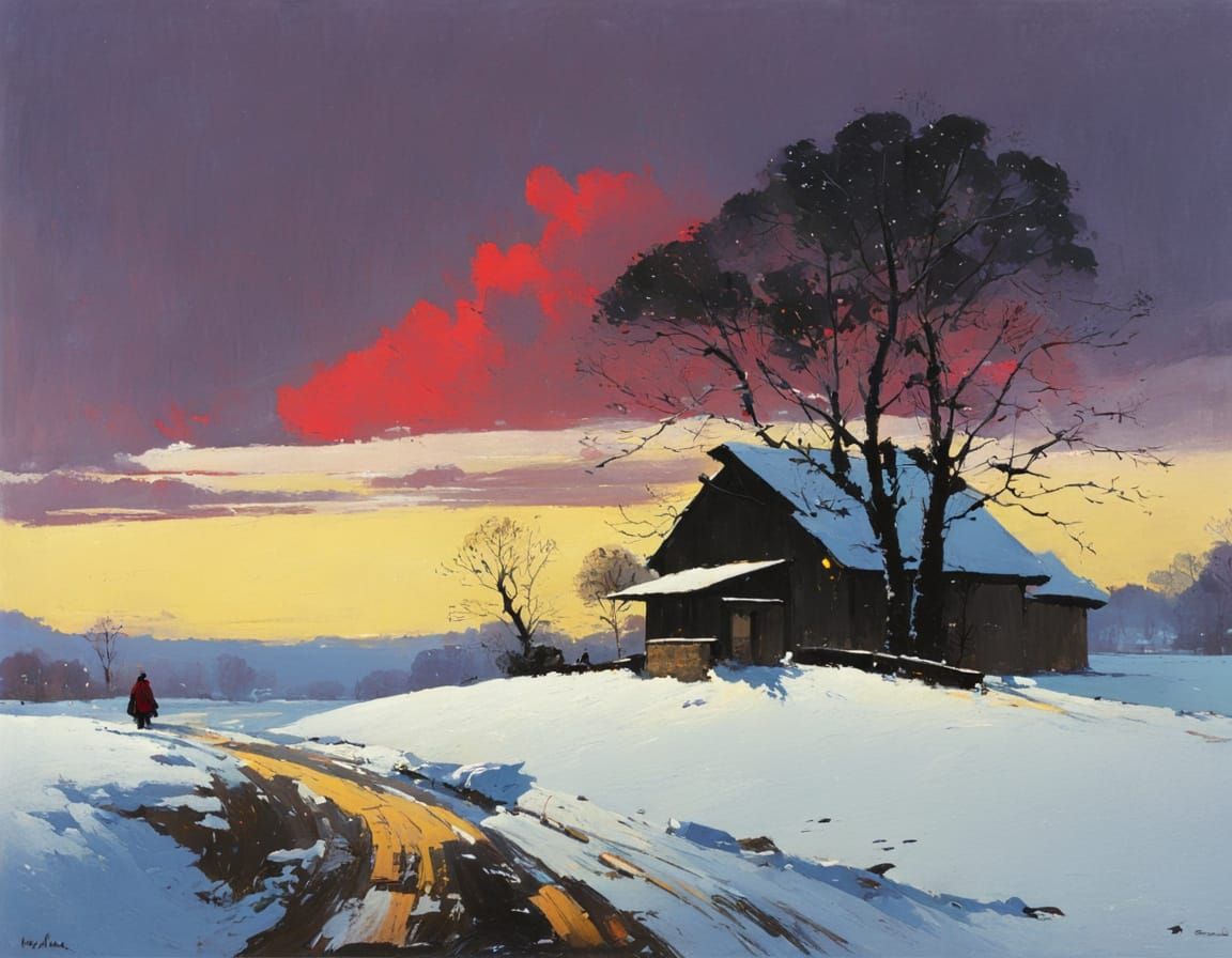 Winter Landscape in Watercolor and Oil Style