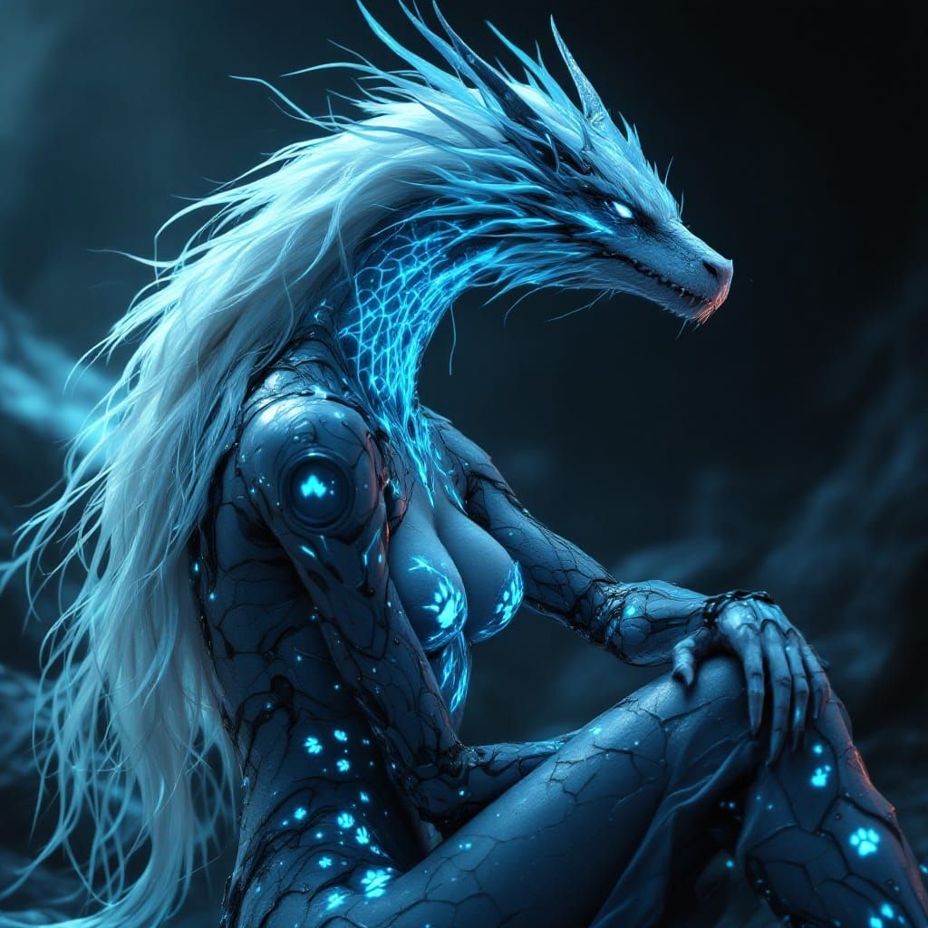 Cyberpunk Fantasy Dragon in Azure Plate Armor