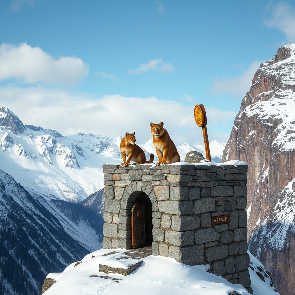 Mountain Lions Stand Guard on Ancient Stone Watch Tower in S...
