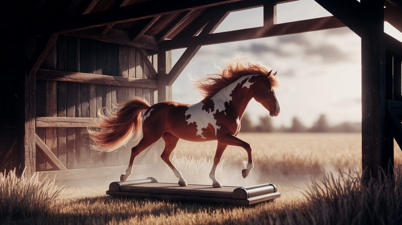 Paint Horse on Treadmill in Dark Fantasy Barn