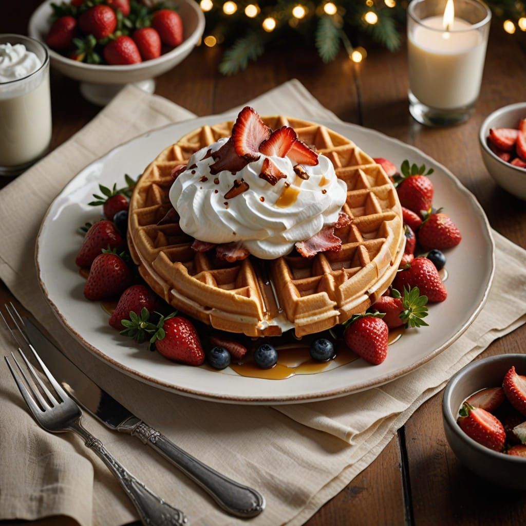 Golden Belgian Waffles with Strawberries and Bacon, Christma...
