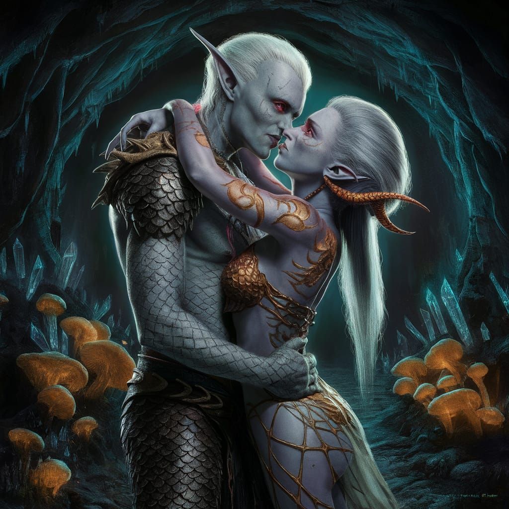 Drow Elf Couple Embrace in McFarlane-Style Illustration