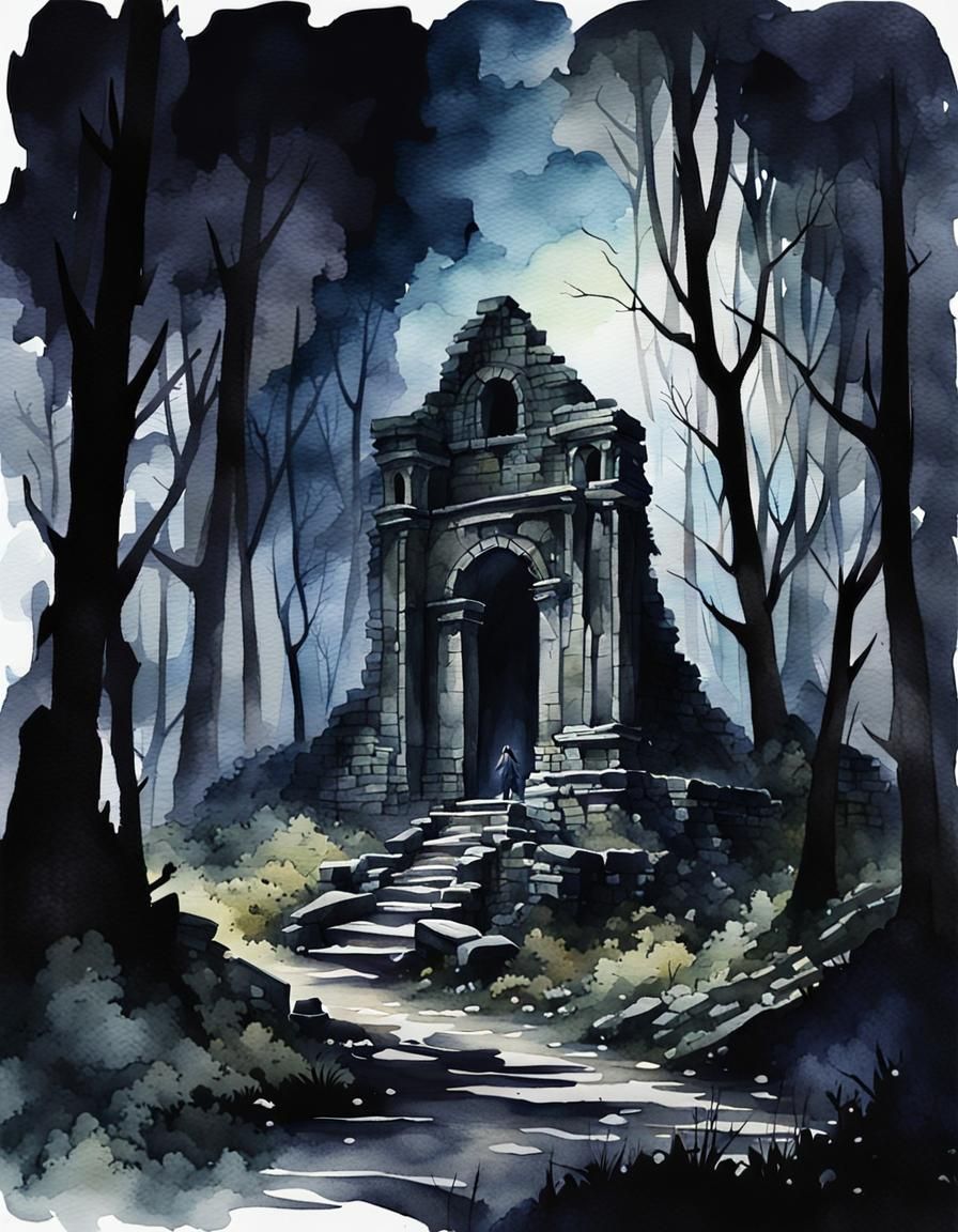 Moody Watercolor: Specter and Ruins in Dark Forest