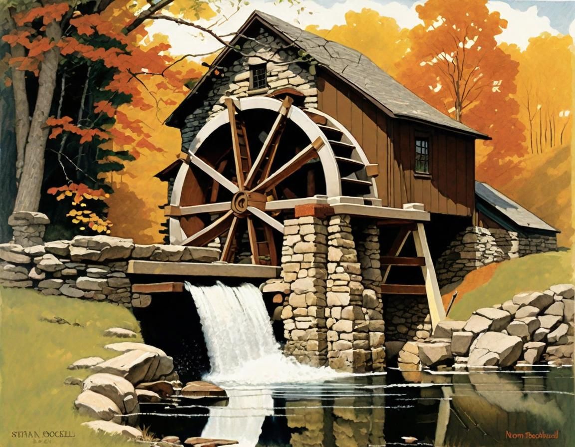 Picturesque Millhouse and Waterwheel in Rockwell Style