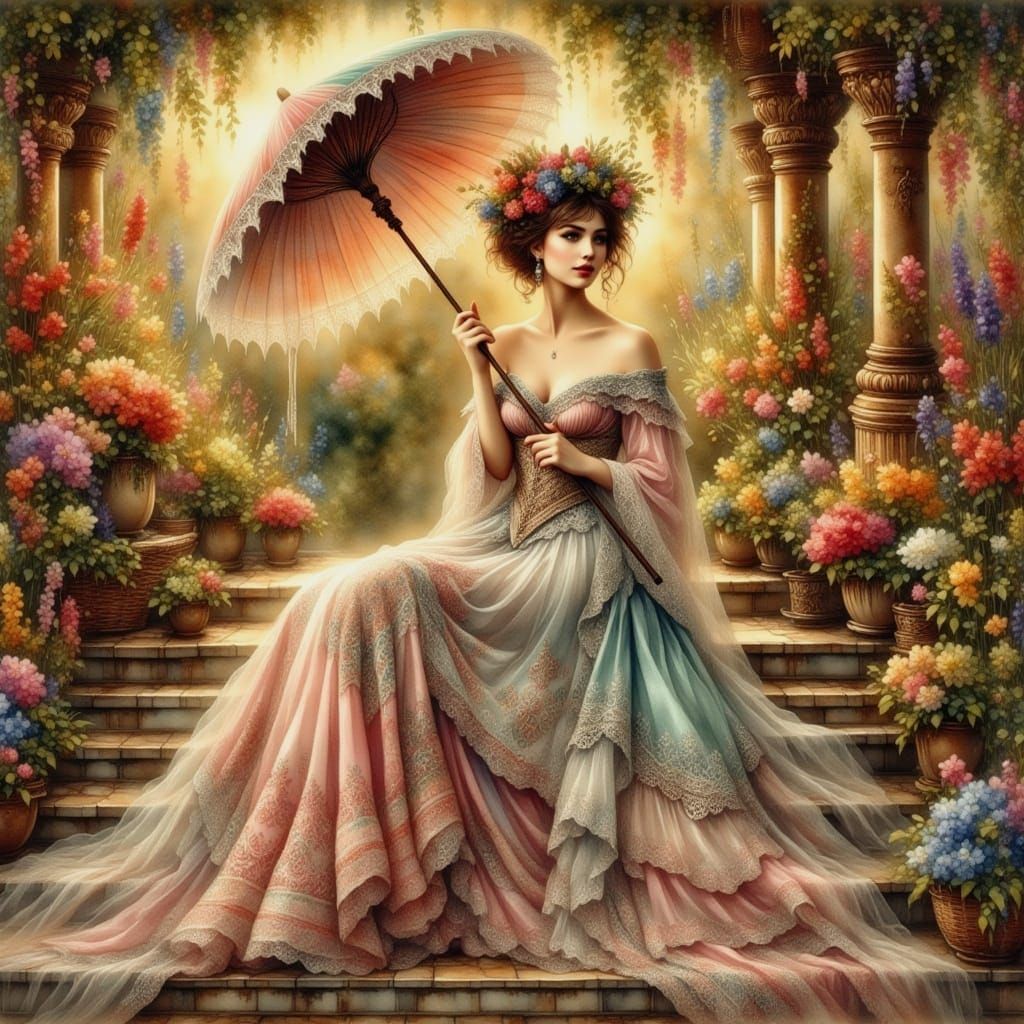 Victorian Lady at Sunset in Watercolor Style