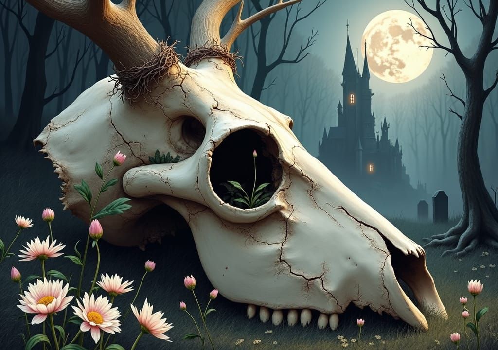 Deer Skull with Gothic Castle, Alcohol Ink Painting