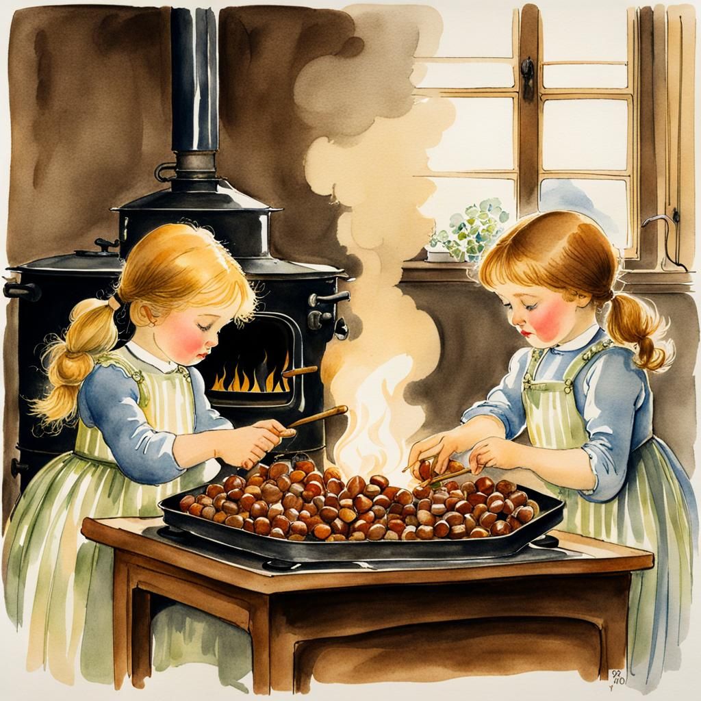 Girls Roasting Chestnuts: Watercolor Ink Illustration