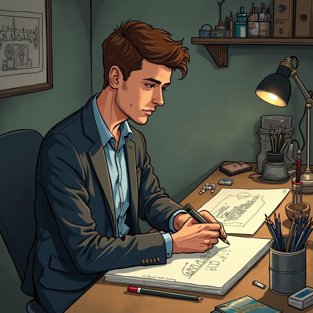 Photorealistic Portrait of Man Drawing Cartoons