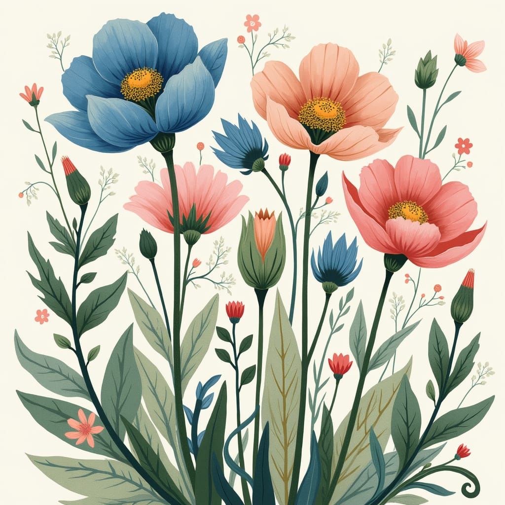 Flowers illustration in blue and pink colors