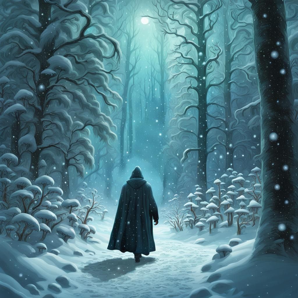 Traveler in Snowy Forest with Luminescent Mushrooms