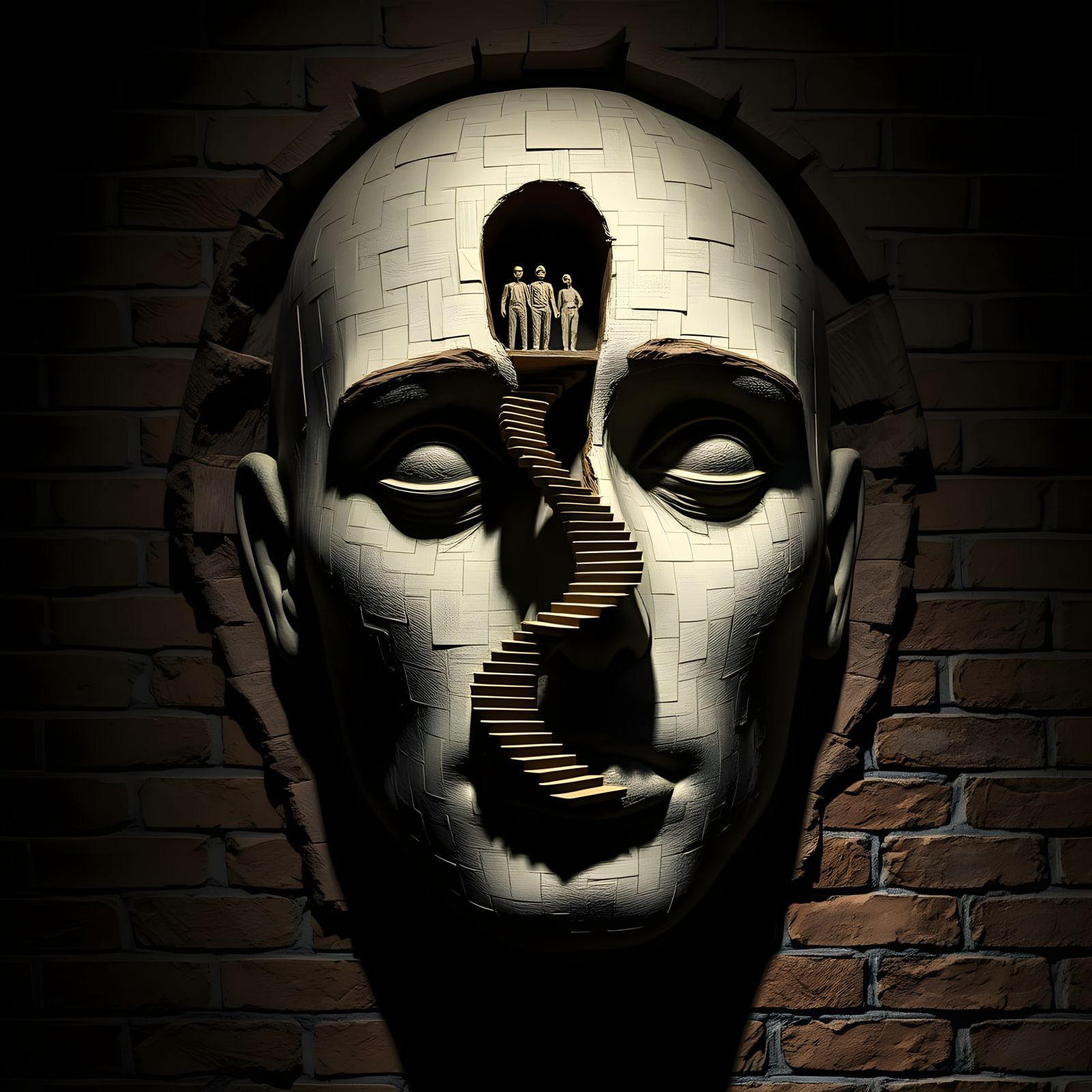 Surreal Stone Face Sculpture with Winding Staircase