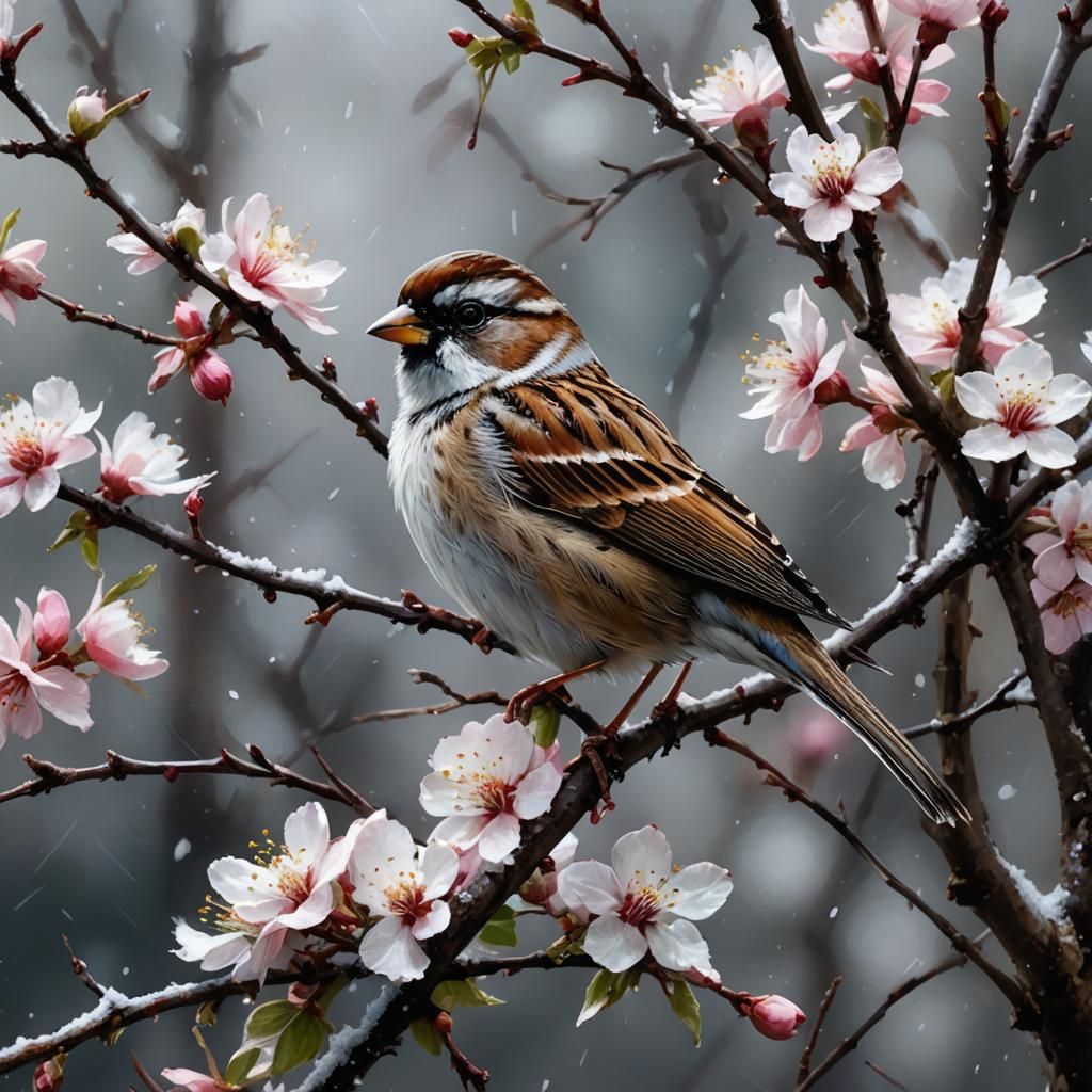 Sparrow on Snowy Apple Blossom Branch Painting