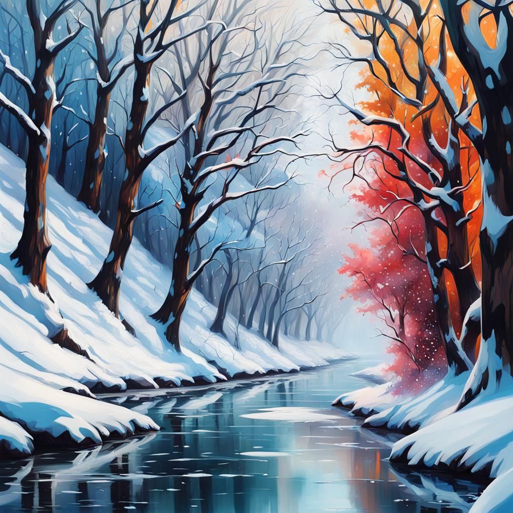Winter River Scene in Graffiti Art Style