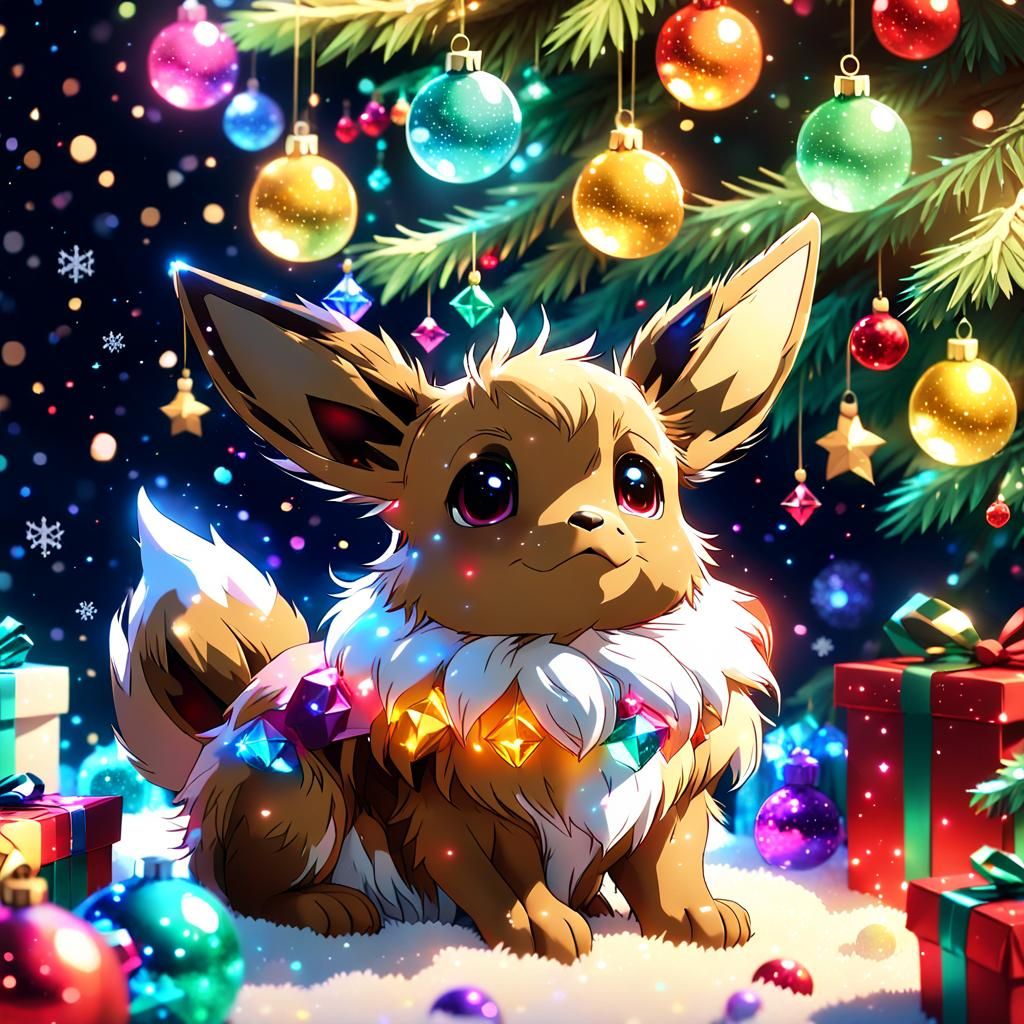 Festive Eevee Under Christmas Tree: Anime Art