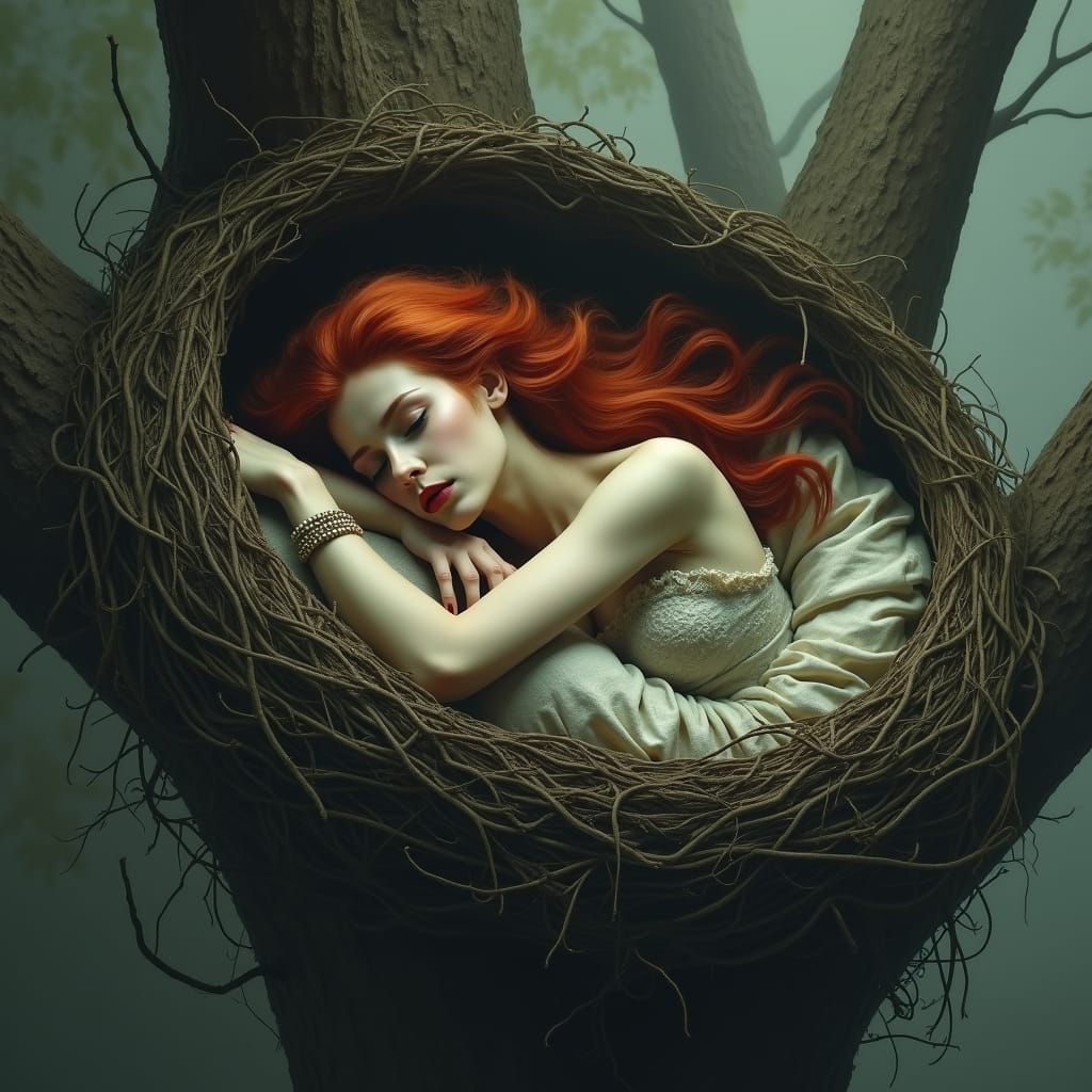 Fantasy Woman Asleep in Tree Nest