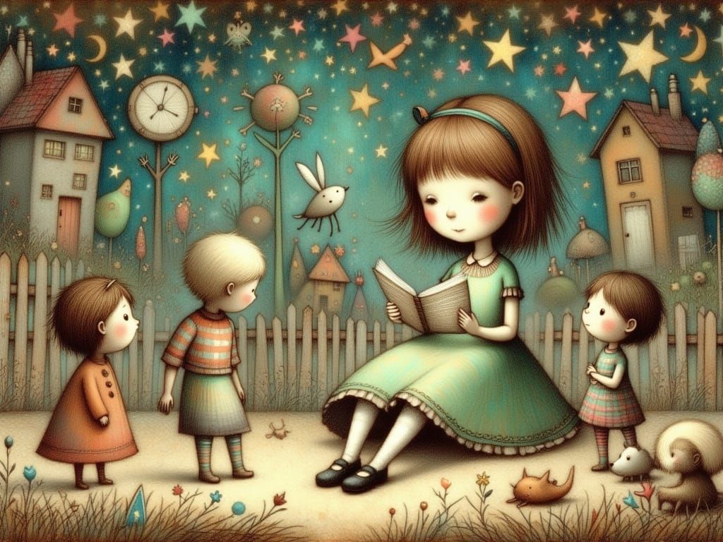 Whimsical Storytelling Sibling in Enchanted Forest Scene