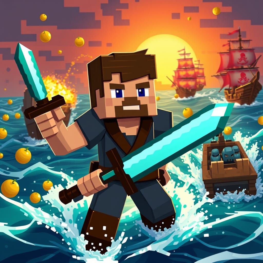 Pixelated Pirate Hero in Blocky Ocean