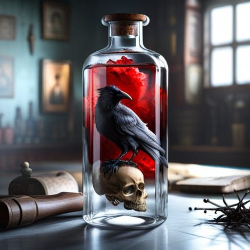 Raven and Skull Apothecary Bottle, Impasto Style