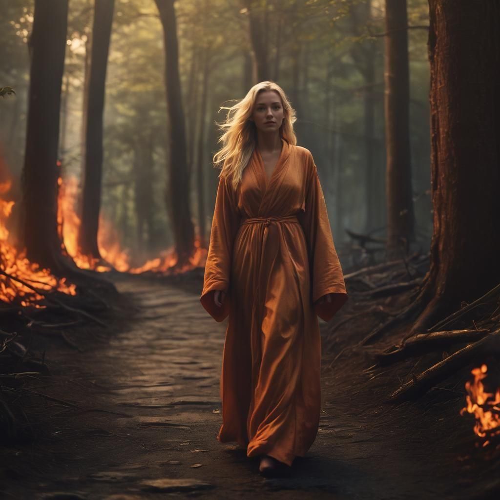 Ethereal Woman Walking a Fiery Path in 3D Render