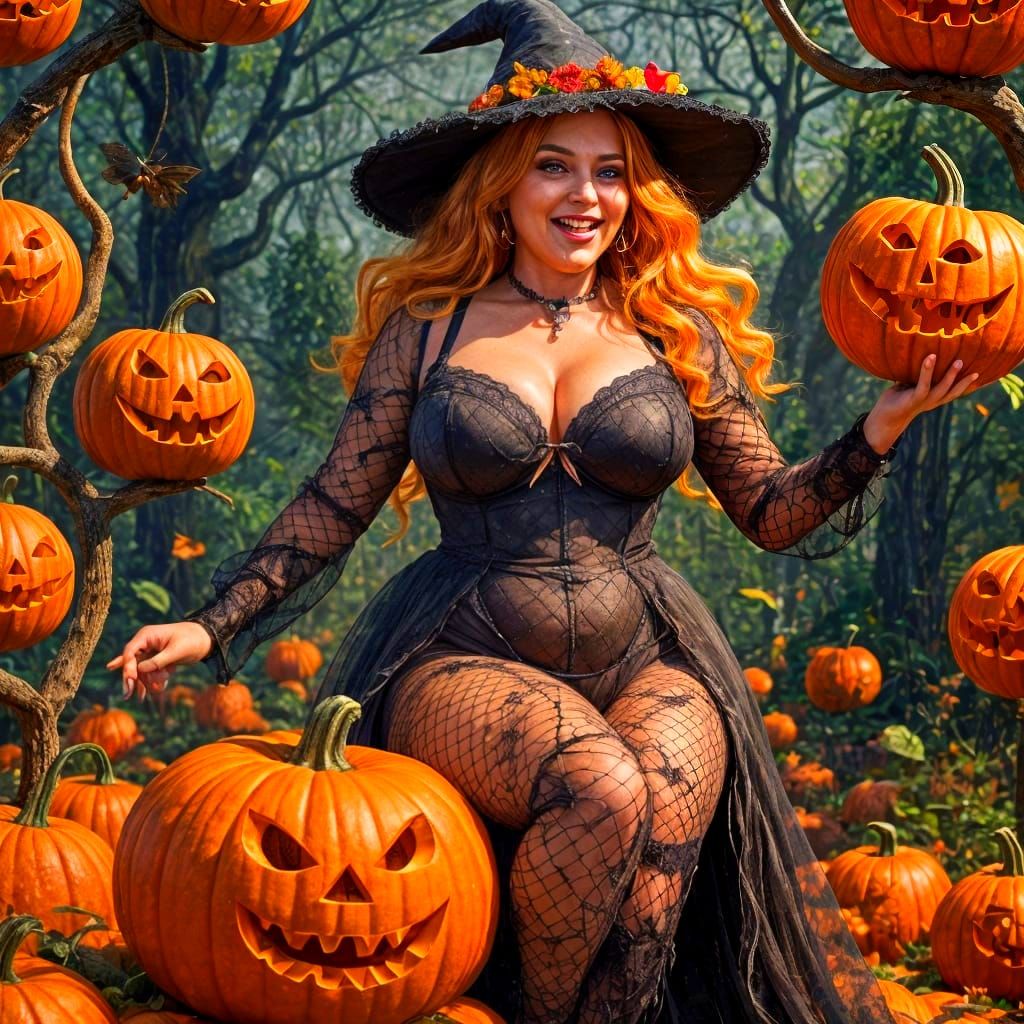 Chubby Witch Flies Pumpkin, Detailed Matte Painting
