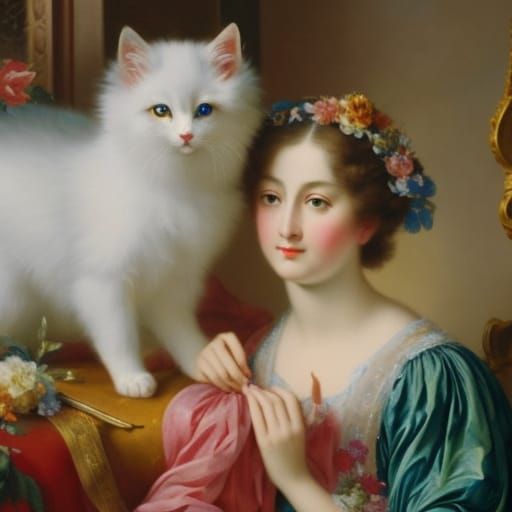 Exotic Flower Vase with Kitten in Gouache Style