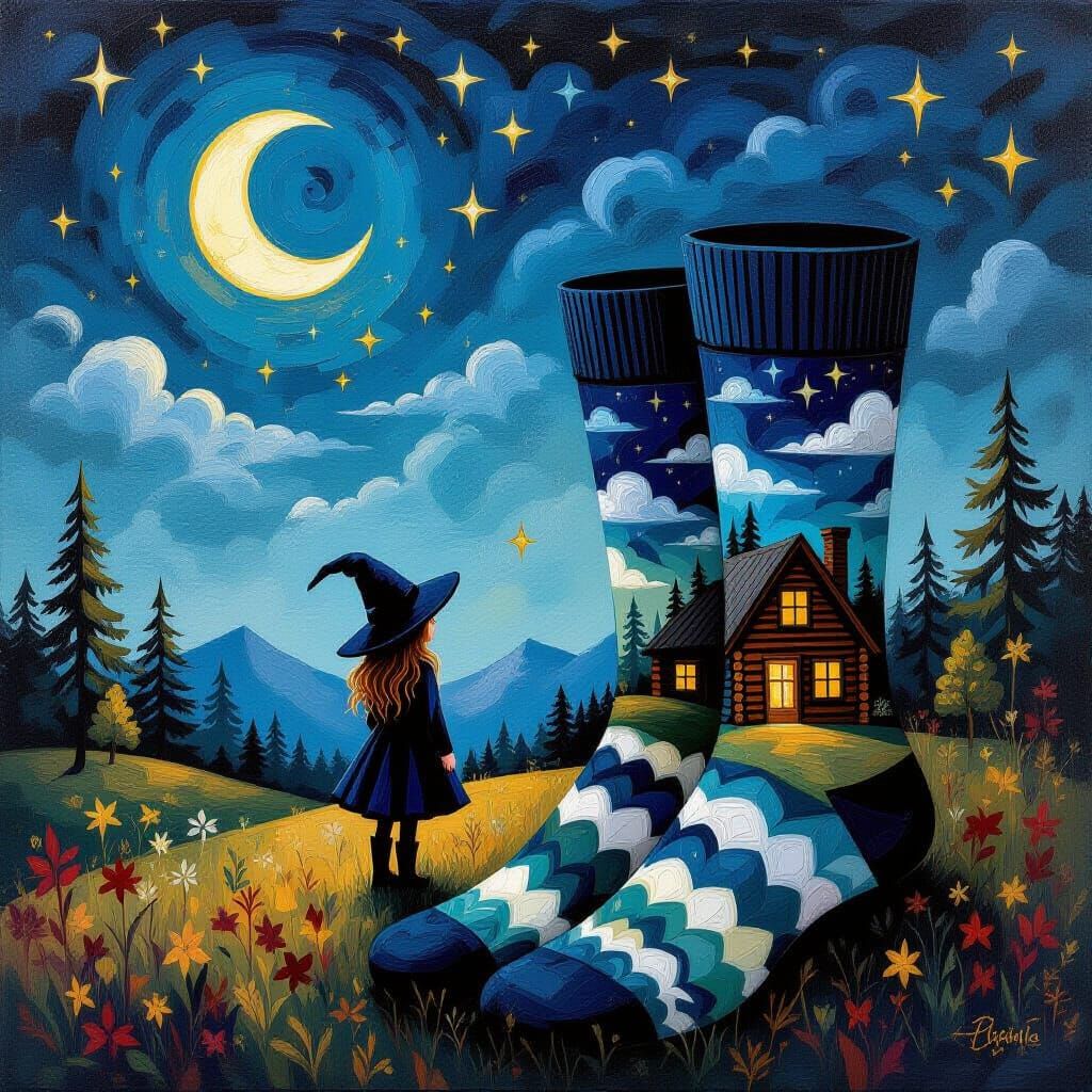 Whimsical Witch Cabin Night Socks in Impasto Style