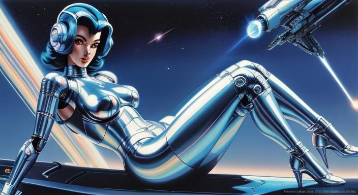 Chrome Robot Girl in Retro Cyberpunk Style
